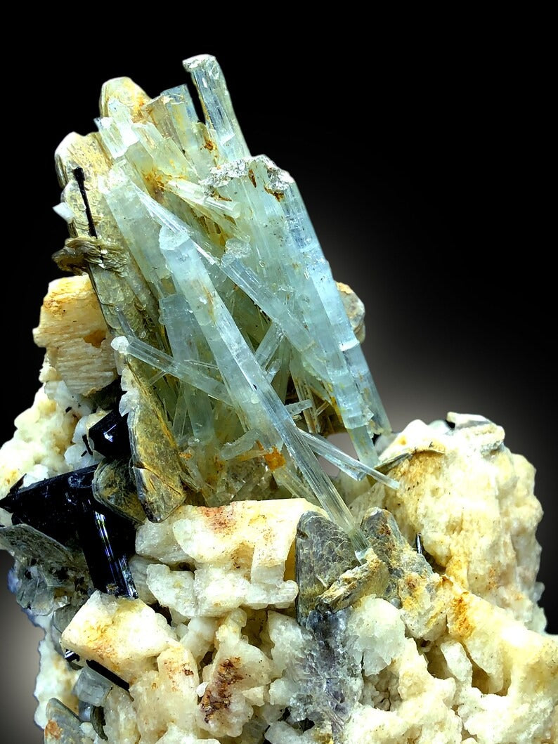 Aquamarine Crystals with Tourmalines Mica and Albite, Natural Aquamarine, Blue Aquamarine, Aquamarine Mineral Specimen 247 Gram