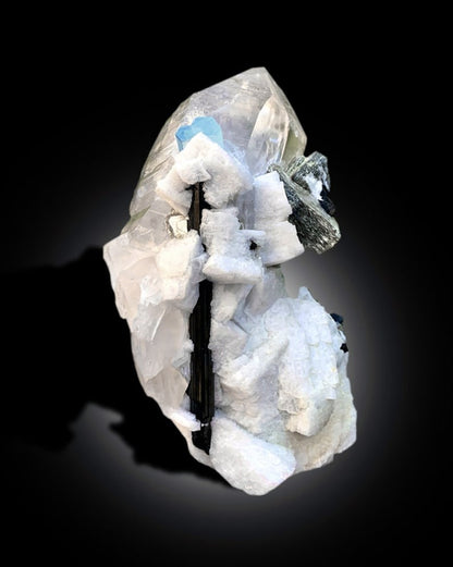Blue Cap Aquamarine Crystals with Schorl Tourmaline, Quartz Crystals and Feldspar, Aquamarine Specimen, Tourmaline Crystals, 925 gram