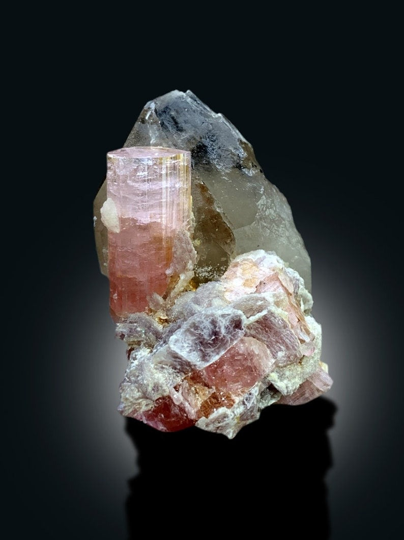 Pink Tourmaline Crystal with Smoky Quartz and Lepidolite Mica, Tourmaline Specimen, Paprok Tourmaline, Tourmaline for sale, 93 g