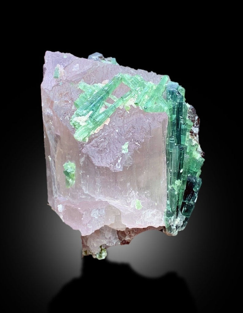 Blue Green Tourmaline Crystals on Pink Kunzite from Afghanistan, 233 gram