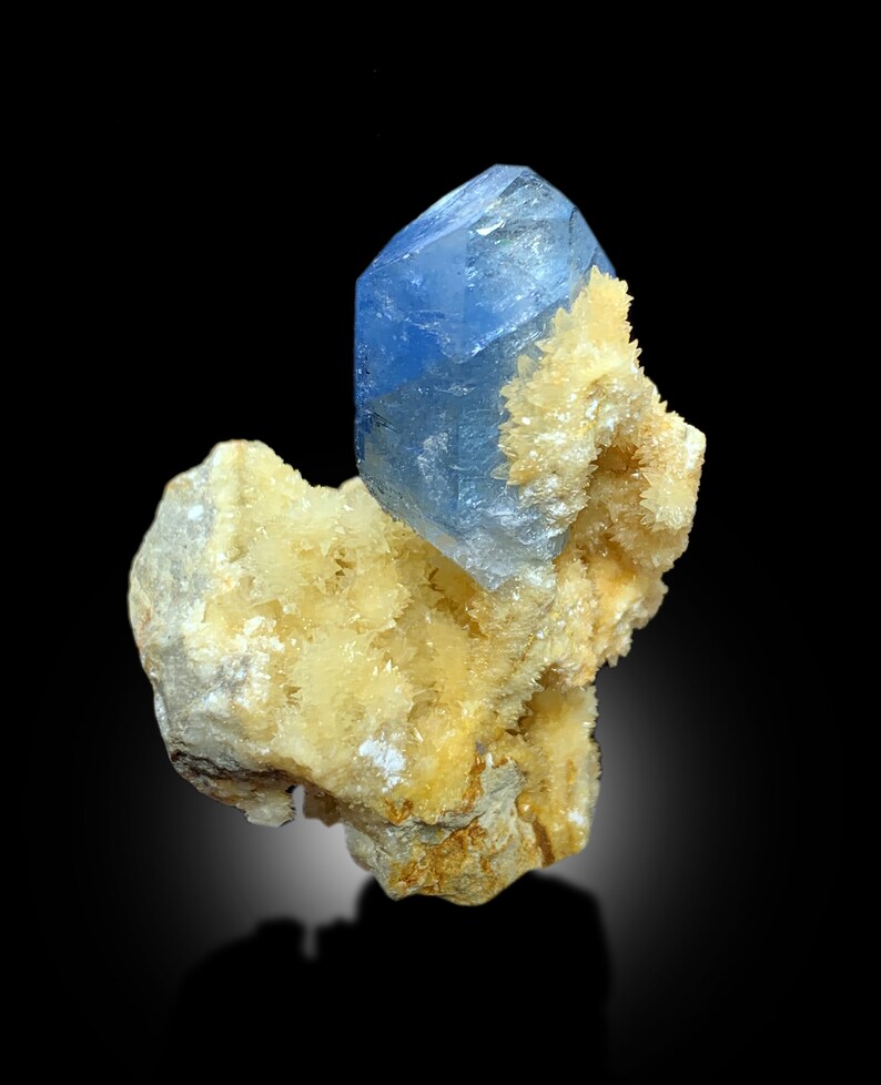 Terminated Blue Celestine Crystal with Calcite Mineral Specimen From Afghanistan - 72 gram