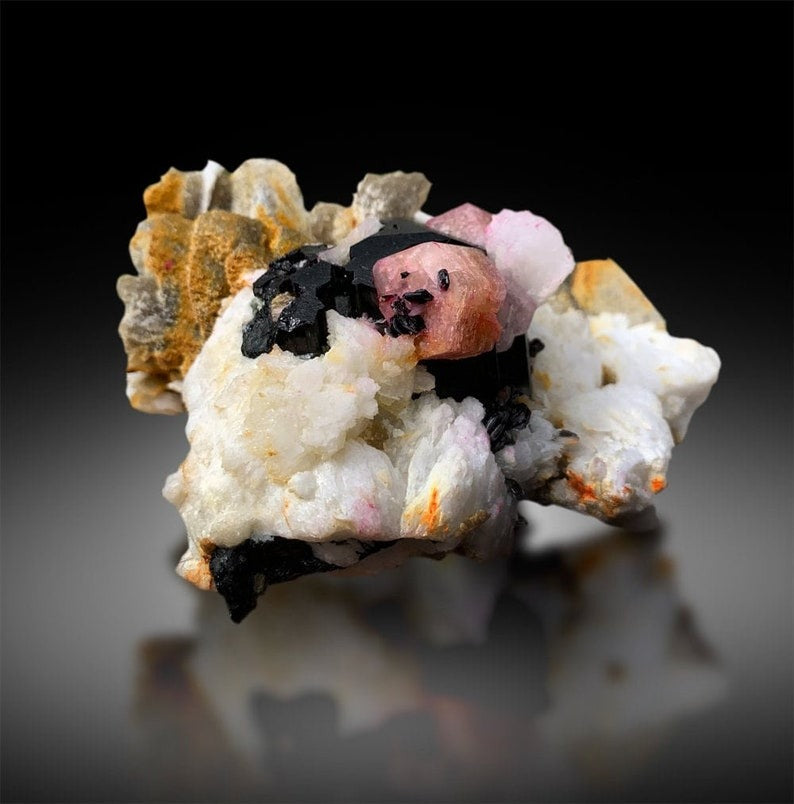 Pink Apatite Crystals with Tantalite , Schorl and Albite Mineral Specimen from Skardu Pakistan, 349 g, 92*82 mm