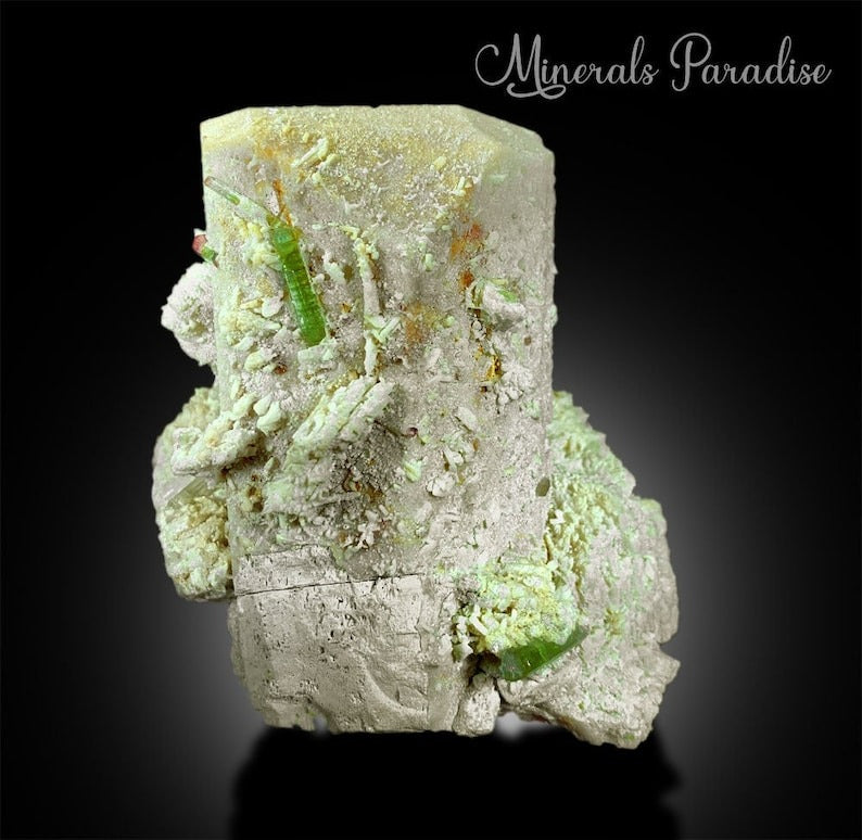 Bi-Color Tourmaline Crystal, Natural Tourmline, Tourmaline Crystal on Microcline Feldspar Albite From Paprok 821 Gram
