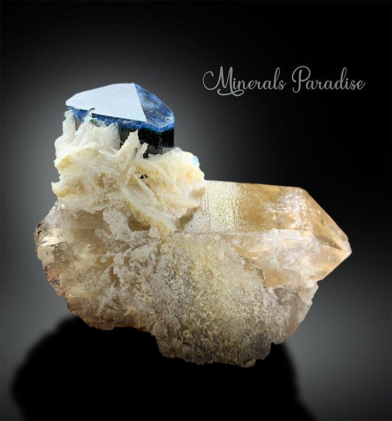 Blue Cap Tourmaline With Smoky Quartz, Tourmaline Crystal, Natural Tourmaline, Fine Minerals, Albite Minerals Specimen 233 g