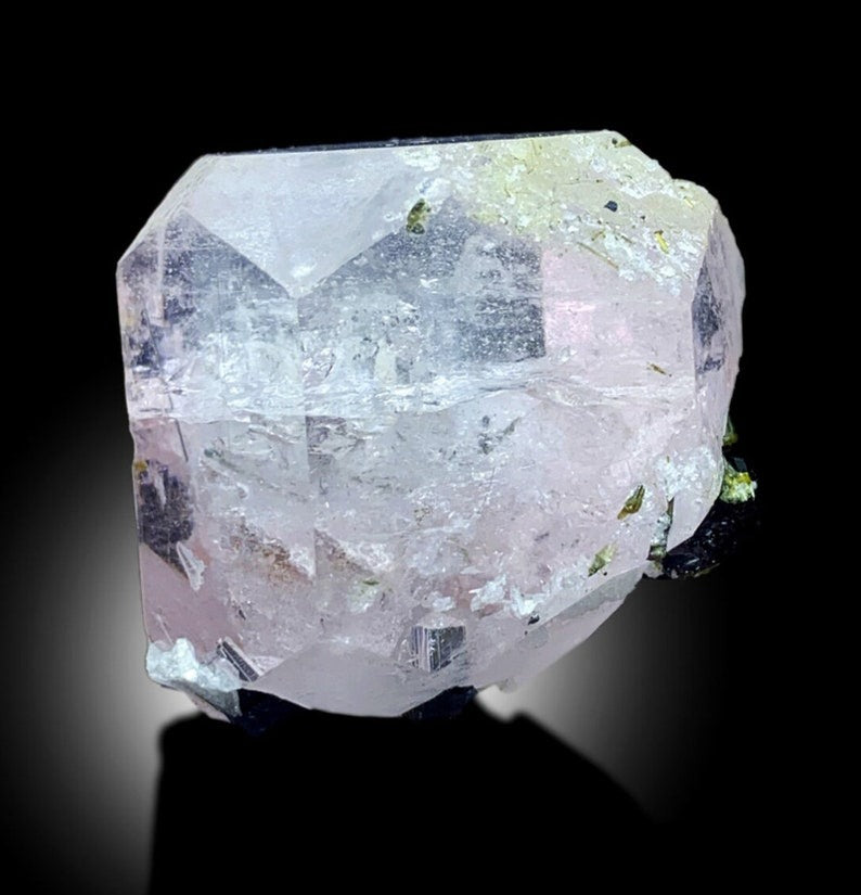 Enhydro Morganite, Pink Morganite with Tourmalines, Green Tourmaline Crystals, Morganite Specimen, Morganite Crystal with Blue Core, 90 g