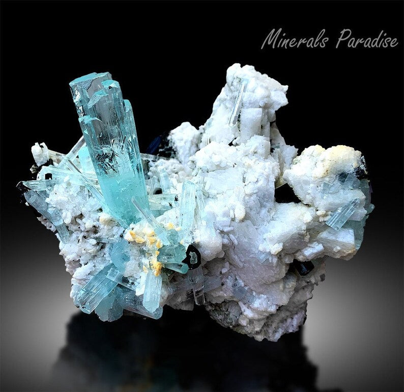 Natural Blue Aquamarine Crystals Cluster with Schorl and Feldspar Mineral Specimen from Shigar Valley Skardu Pakistan - 466 gram