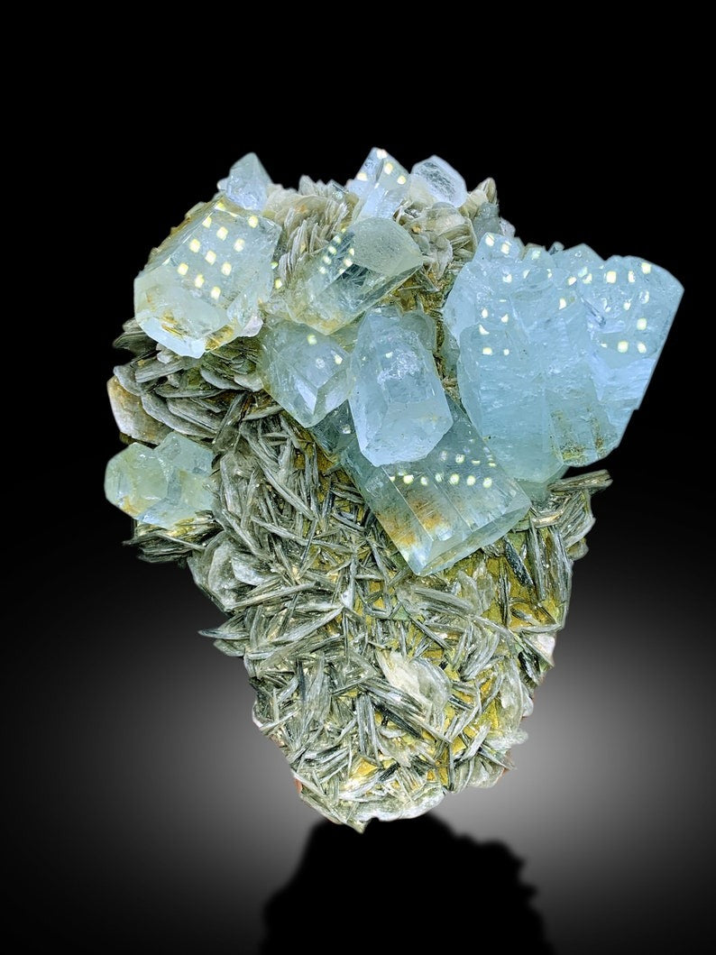 Blue Aquamarine Crystals Cluster With Muscovite Mica Mineral Specimen From Gilgit Baltistan Pakistan - 672 gram