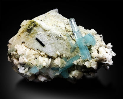 Aquamarine Crystals Cluster with Black Tourmaline on Feldspar, Aquamarine Specimen, Fine Minerals, Aquamarine For Sale 1088 g