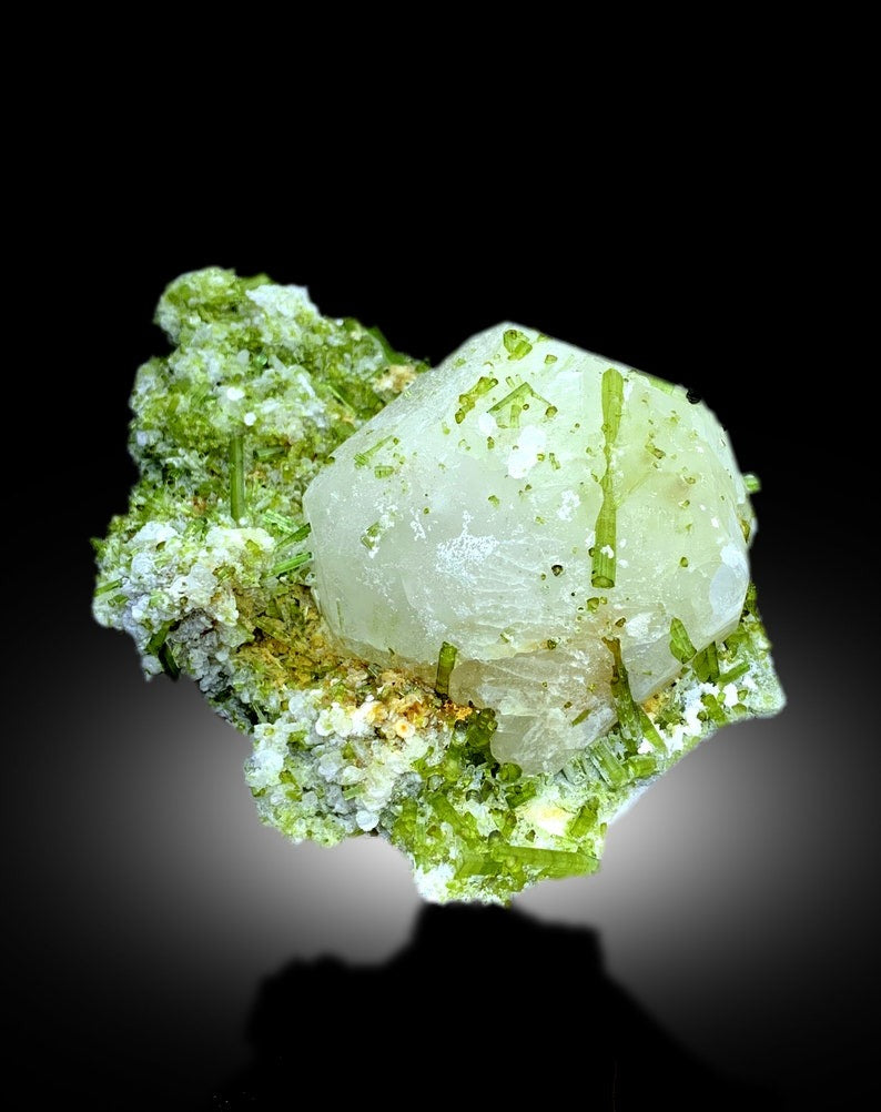 Green Tourmaline Crystals Cluster with Pollucite Mineral Specimen From Chapu Mine Skardu Pakistan - 873 gram