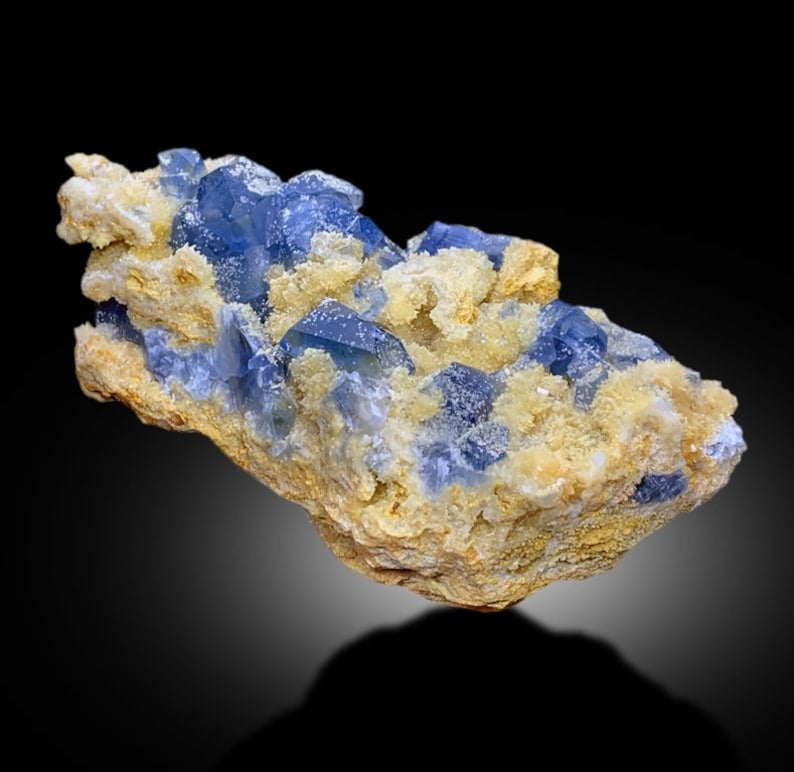 Rich Blue Colour Celestine Crystals Cluster with Yellow Color Calcite Mineral Specimen from Afghanistan , 728 gram