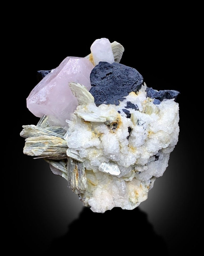 Pink Morganite with Tourmaline, Muscovite Mica, Schorl Crystal, Morganite Specimen, Tourmaline crstal, Mineral Specimen, 209 g