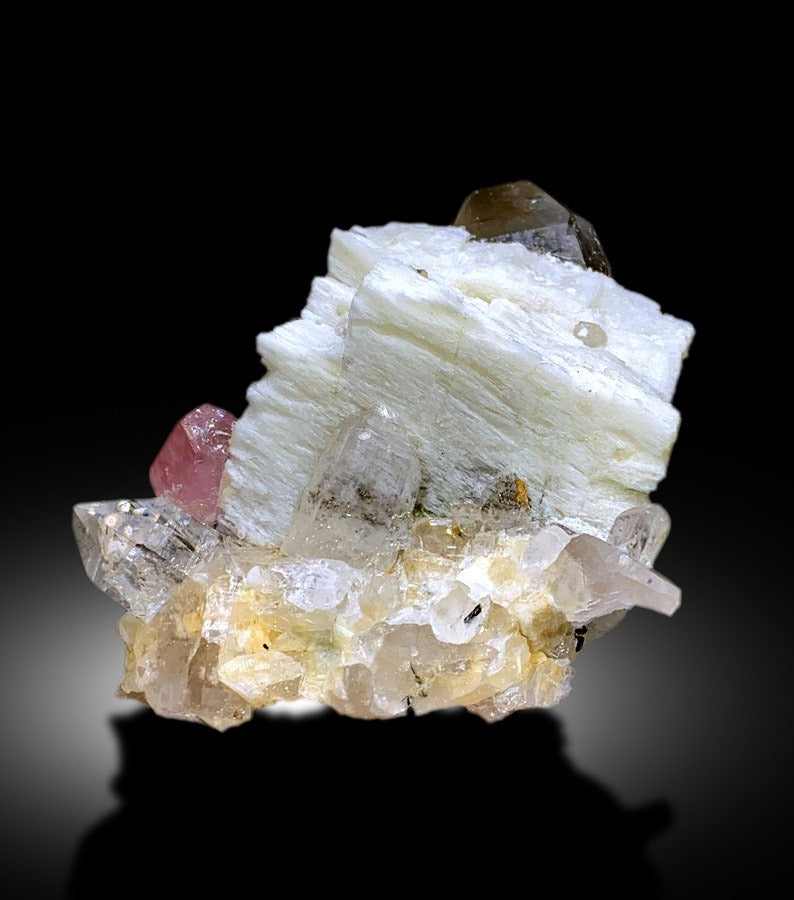 Natural Pink Color Apatite with Smoky Quartz, Black Tourmalines and Feldspar, Mineral Specimen, Raw Mineral, Apatite Specimen - 762 gram