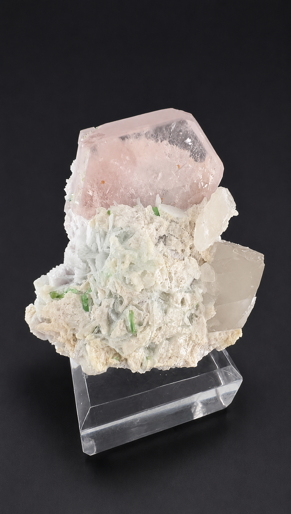 Natural Morganite Crystal with Green Tourmalines, Quartz, Albite and Microlite from Afghanistan