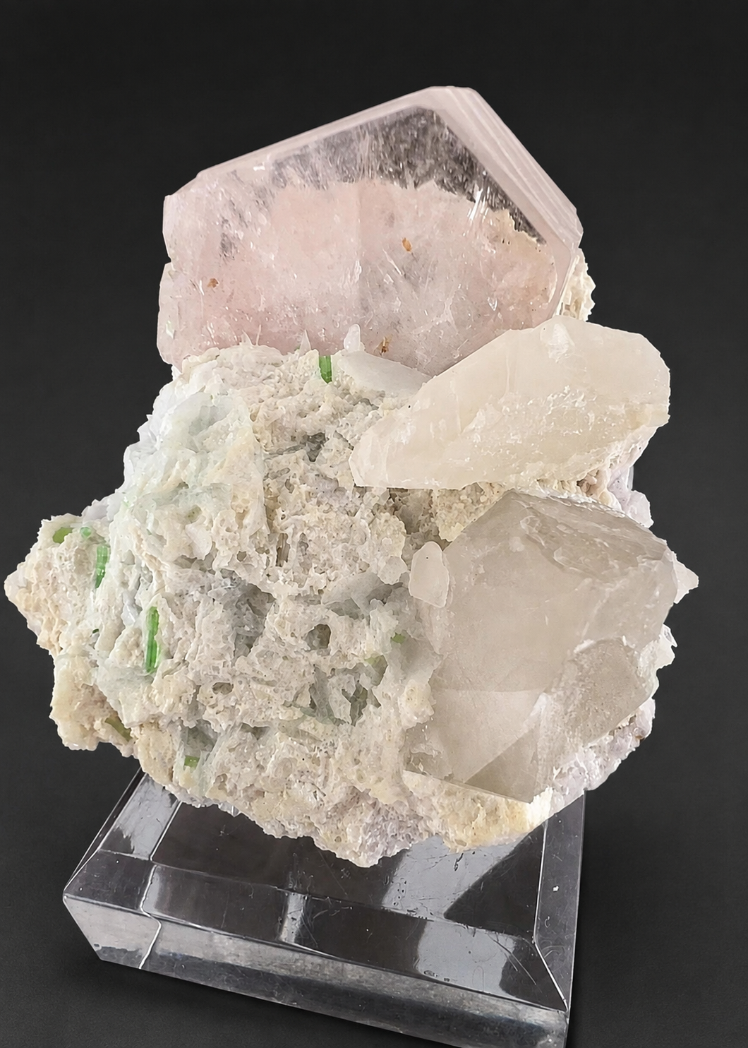 Natural Morganite Crystal with Green Tourmalines, Quartz, Albite and Microlite from Afghanistan