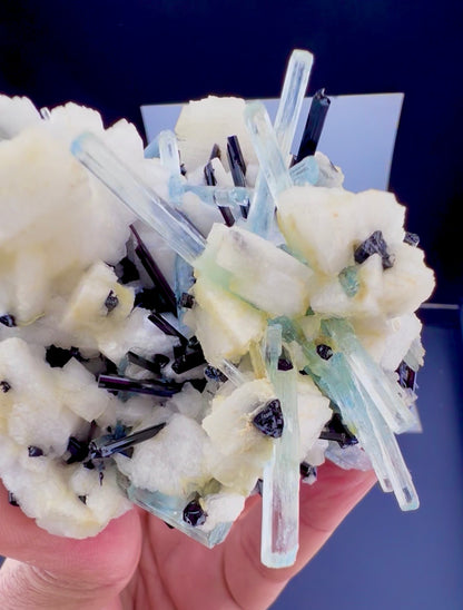 Aquamarine crystals with Schorl on Feldspar from Pakistan, 300 gram