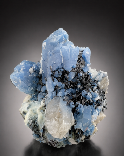 Indicolite Included Quartz Cluster with Black Schorl Tourmaline, Blue Quartz Specimen from Afghanistan, 802 gram