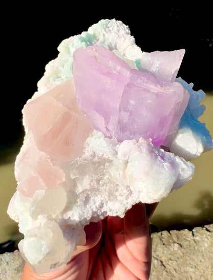 Kunzite with Morganite and Quartz on matrix, 620 gram