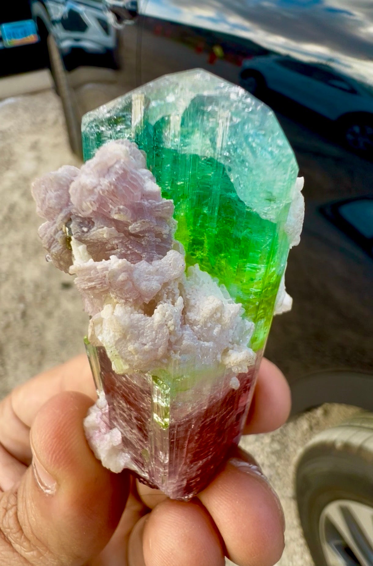 Watermelon Tourmaline Crystal with Lepidolite and Microlite from Paprok, 78 gram