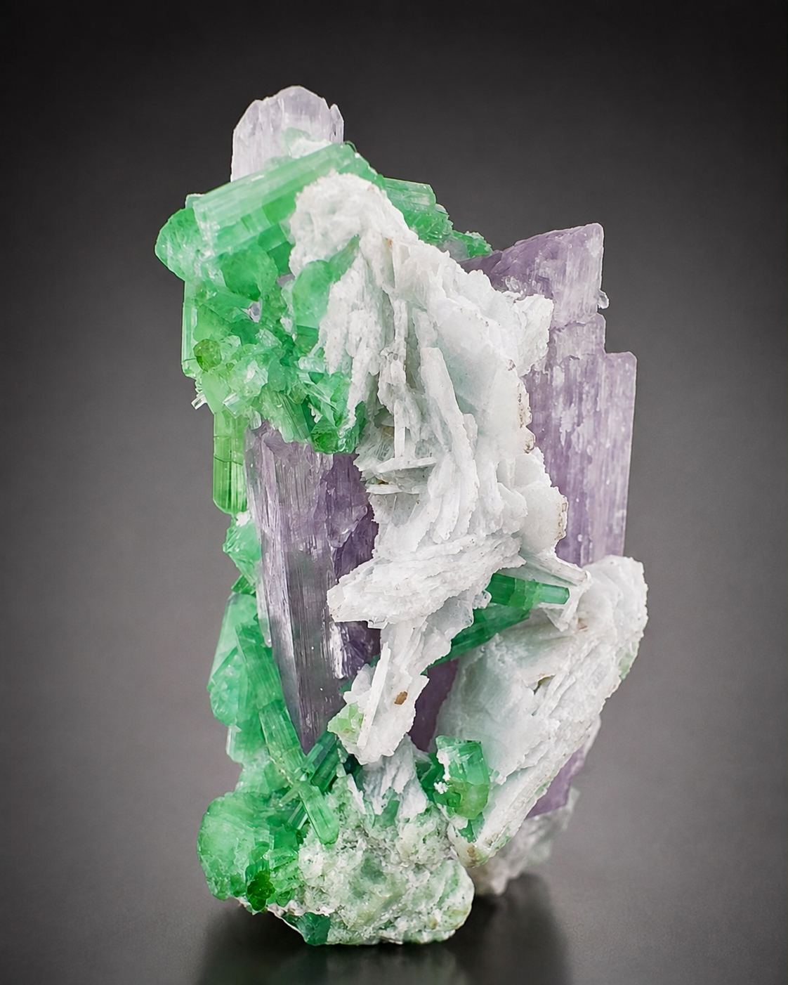 Natural Pink Kunzite with Green Tourmalines and Clevelandite Albite Specimen with Custom Base, 567 gram