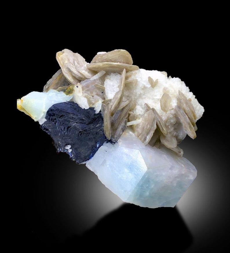 Beryl Aqua Morganite with Schorl and Lepidolite Specimen, 553 gram