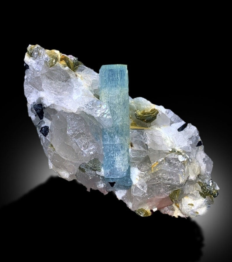 Terminated Blue Aquamarine Crystal With Mica Schorl Quartz and Feldspar Combo Specimen From Skardu Pakistan - 780 gram