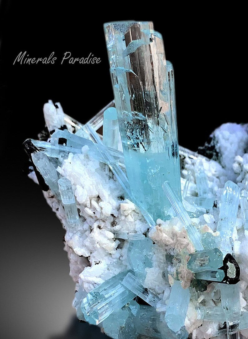 Natural Blue Aquamarine Crystals Cluster with Schorl and Feldspar Mineral Specimen from Shigar Valley Skardu Pakistan - 466 gram