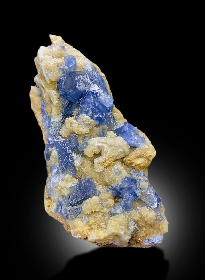 Rich Blue Colour Celestine Crystals Cluster with Yellow Color Calcite Mineral Specimen from Afghanistan , 728 gram