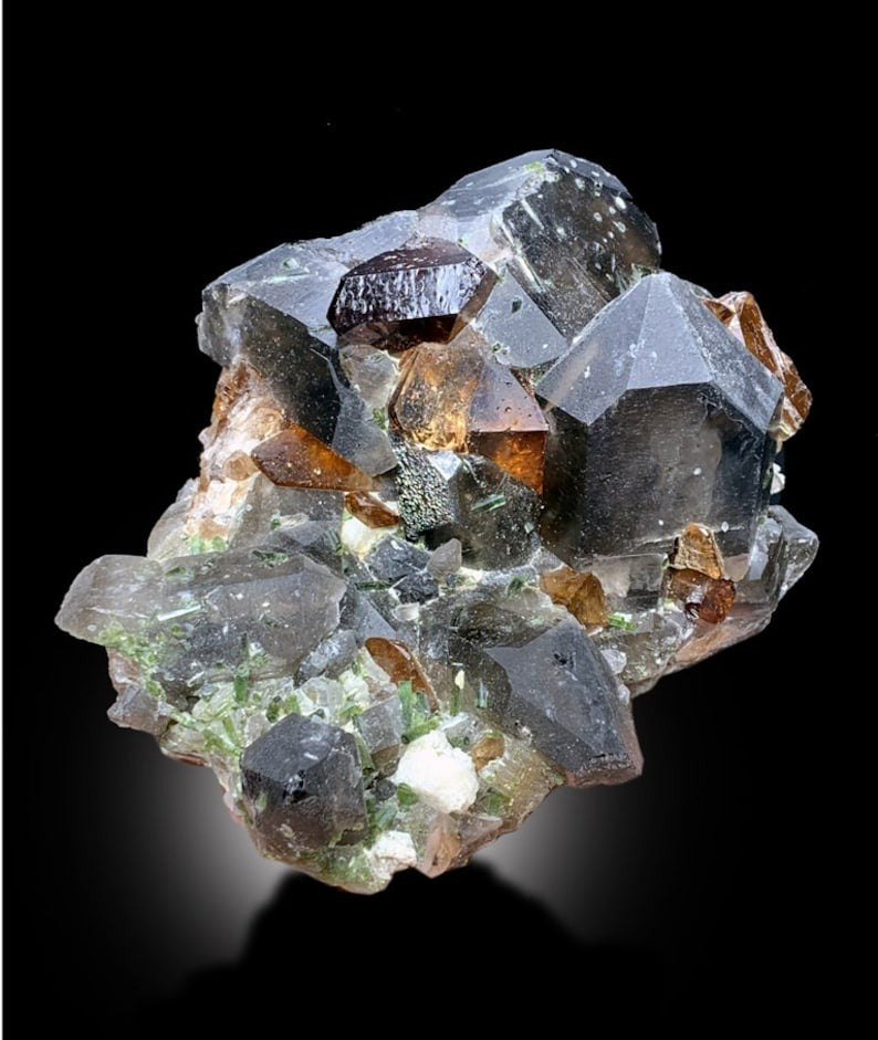 Topaz Crystals with Tourmalines, Smoky Quartz, Topaz Specimen, Tourmaline Cluster, Crystal Cluster, Mineral Specimen, Raw Topaz, 1883 g