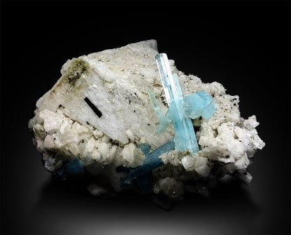 Aquamarine Crystals Cluster with Black Tourmaline on Feldspar, Aquamarine Specimen, Fine Minerals, Aquamarine For Sale 1088 g
