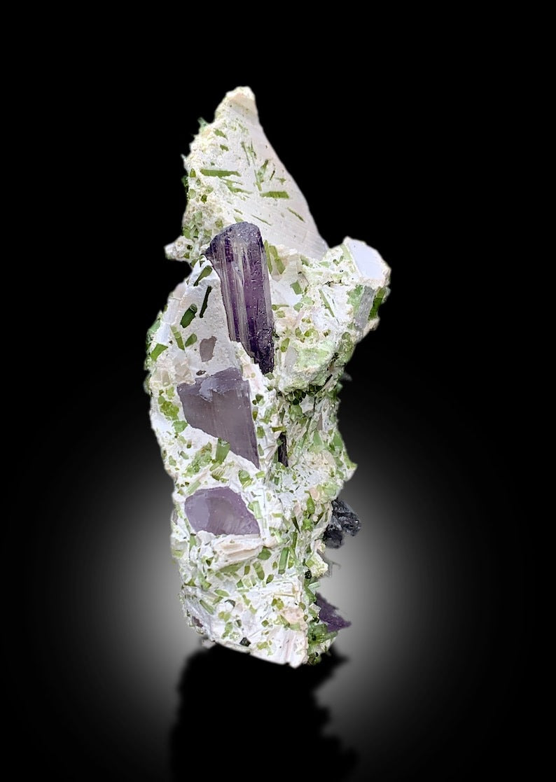 Pink Kunzite With Green Tourmline Crystals Cluster on Matrix Mineral Specimen From Afghanistan - 354 gram