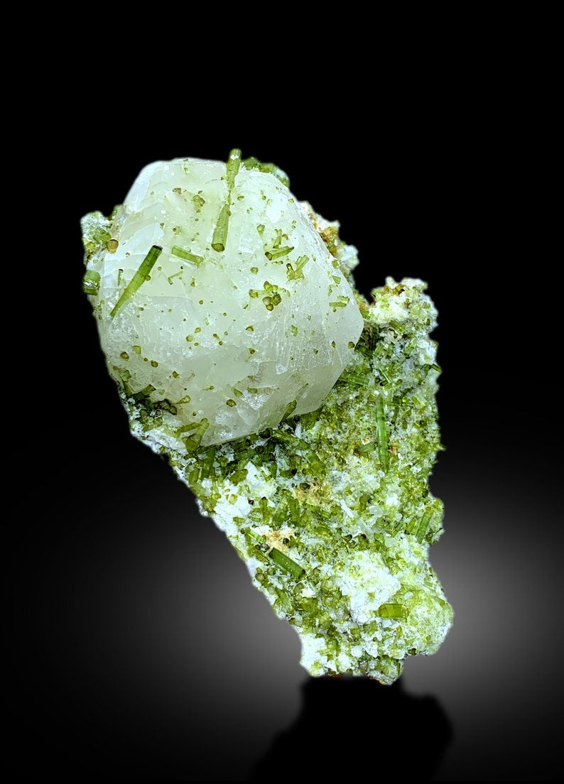 Green Tourmaline Crystals Cluster with Pollucite Mineral Specimen From Chapu Mine Skardu Pakistan - 873 gram