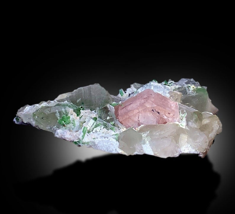 Pink Morganite With Green Tourmalines, Quartz and Albite Mineral Specimen From Afghanistan - 514 gram