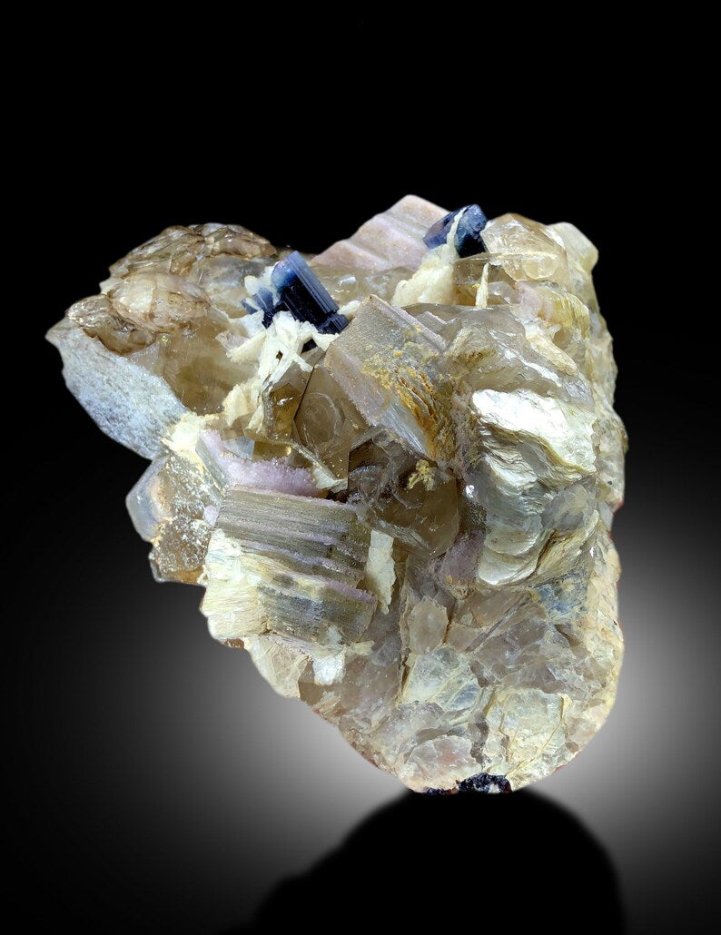 Natural Blue Cap Tourmaline Crystals with Smoky Quartz, Cleavelandite Albite and Mica, Tourmaline from Paproke Afghanistan - 2934 gram