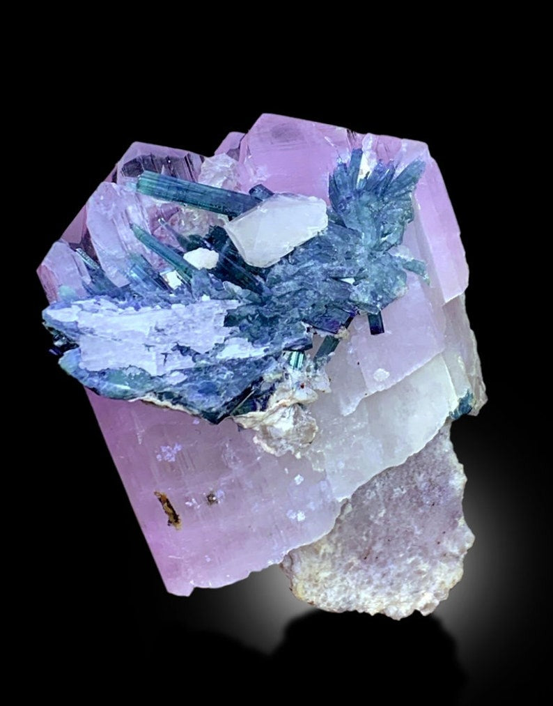 Kunzite Specimen, Terminated Pink Kunzite With Blue Tourmalines on Feldspar, Mineral Specimen, Kunzite From Afghanistan - 214 gram