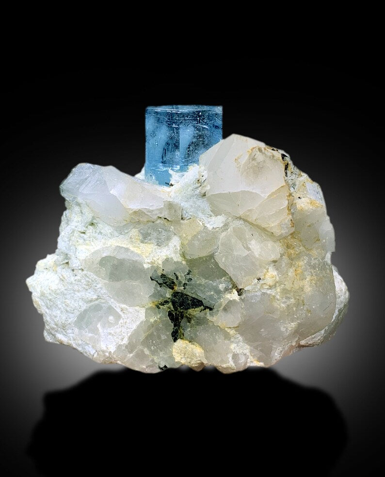 Natural Deep Blue Aquamarine Crystal with Schorl, Albite and Quartz Mineral Specimen from Haramosh Skardu Pakistan - 406 gram