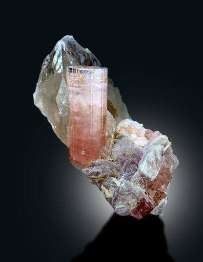 Pink Tourmaline Crystal with Smoky Quartz and Lepidolite Mica, Tourmaline Specimen, Paprok Tourmaline, Tourmaline for sale, 93 g