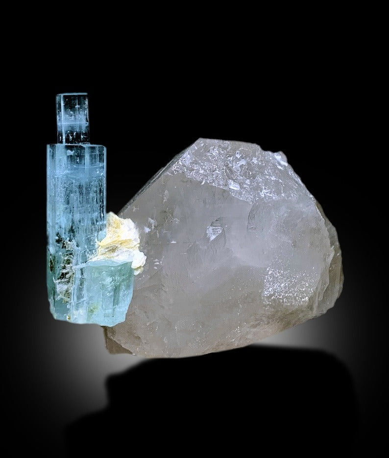Stepwise Terminated Blue Aquamarine Crystal on Quartz Mineral Specimen From Shigar Valley Skardu Pakistan - 506 gram