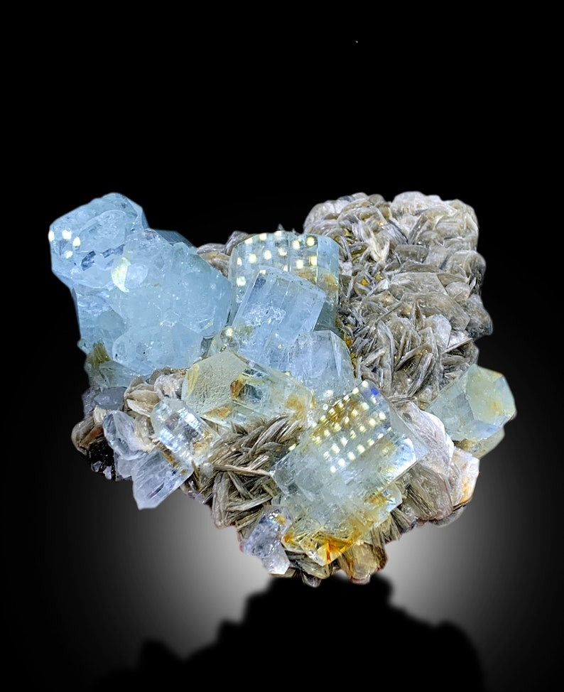 Blue Aquamarine Crystals Cluster With Muscovite Mica Mineral Specimen From Gilgit Baltistan Pakistan - 672 gram