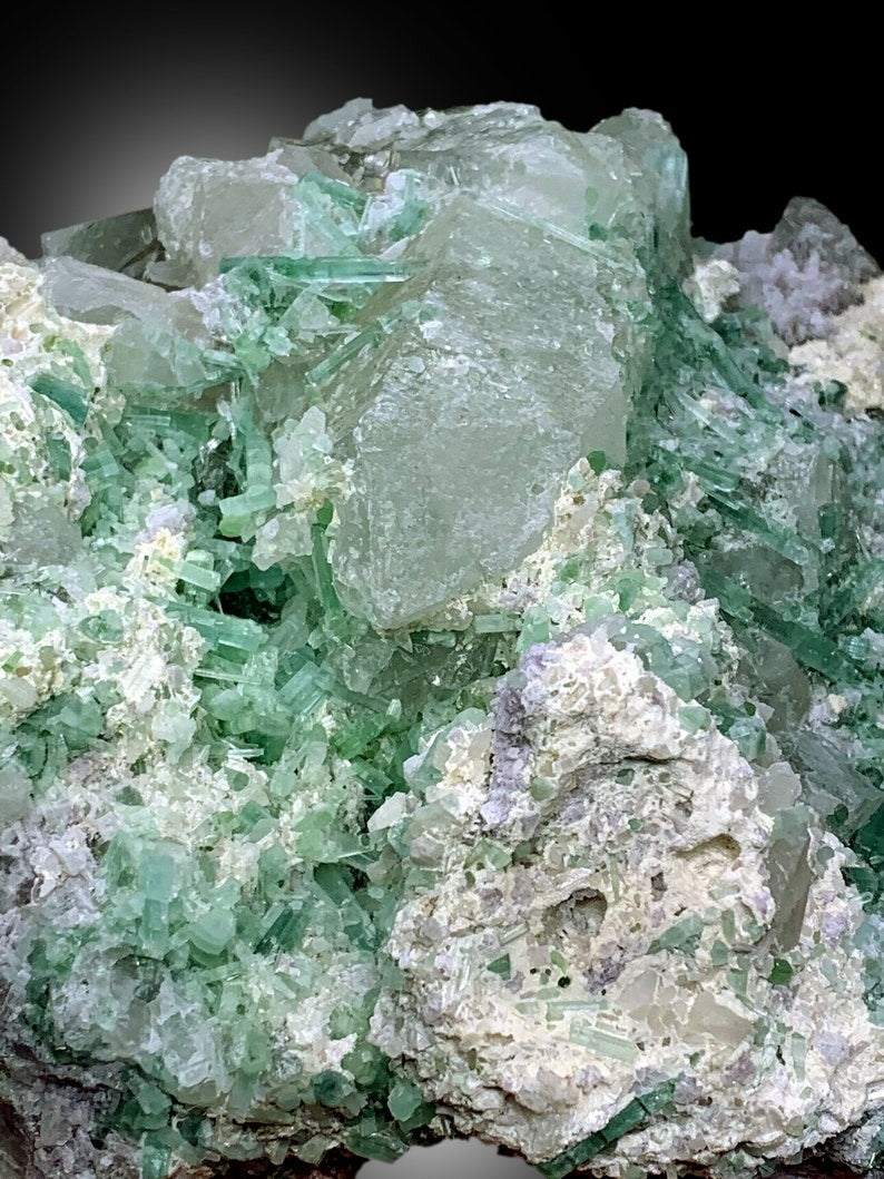 Green Tourmaline Crystals Cluster With Quartz and Lepidolite Mineral Specimen From Afghanistan - 3910 gram