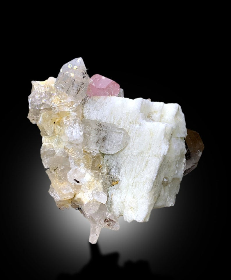 Natural Pink Color Apatite with Smoky Quartz, Black Tourmalines and Feldspar, Mineral Specimen, Raw Mineral, Apatite Specimen - 762 gram