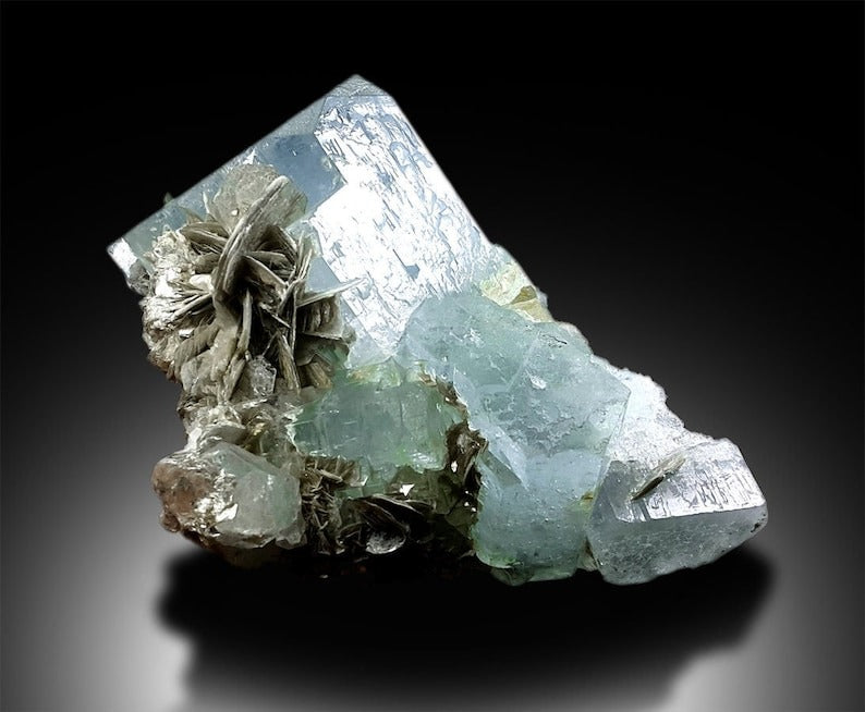 Aquamarine Crystals Cluster Specimen with Mica from Gilgit Pakistan - 514 g, 97*98*56 mm