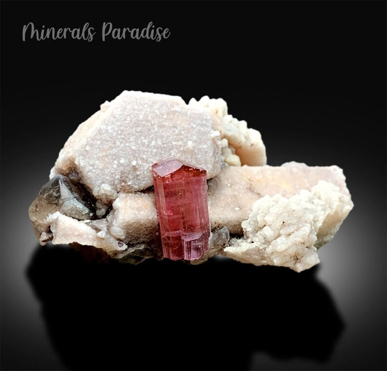 Rubelite Pink Tourmaline Crystal with Smoky Quartz and Feldspar, Tourmaline Specimen, Tourmaline for sale, Tourmaline from Paprok, 195 gram