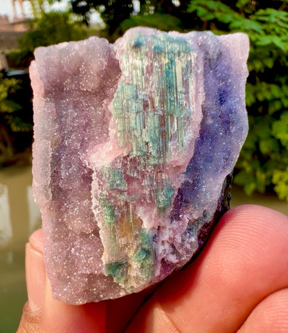 Crystallized Pink Rose Quartz on Cats Eye Tourmaline from Afghanistan - 60 gram