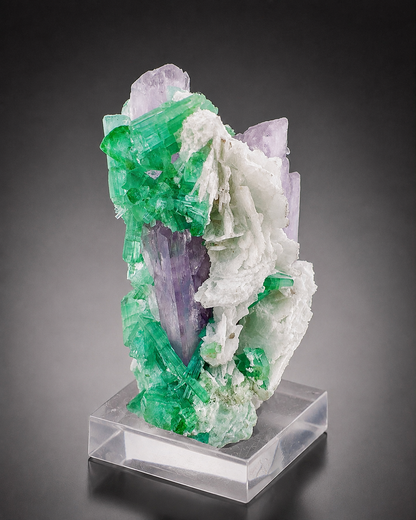 Natural Pink Kunzite with Green Tourmalines and Clevelandite Albite Specimen with Custom Base, 567 gram