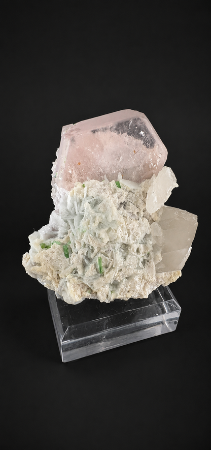Natural Morganite Crystal with Green Tourmalines, Quartz, Albite and Microlite from Afghanistan