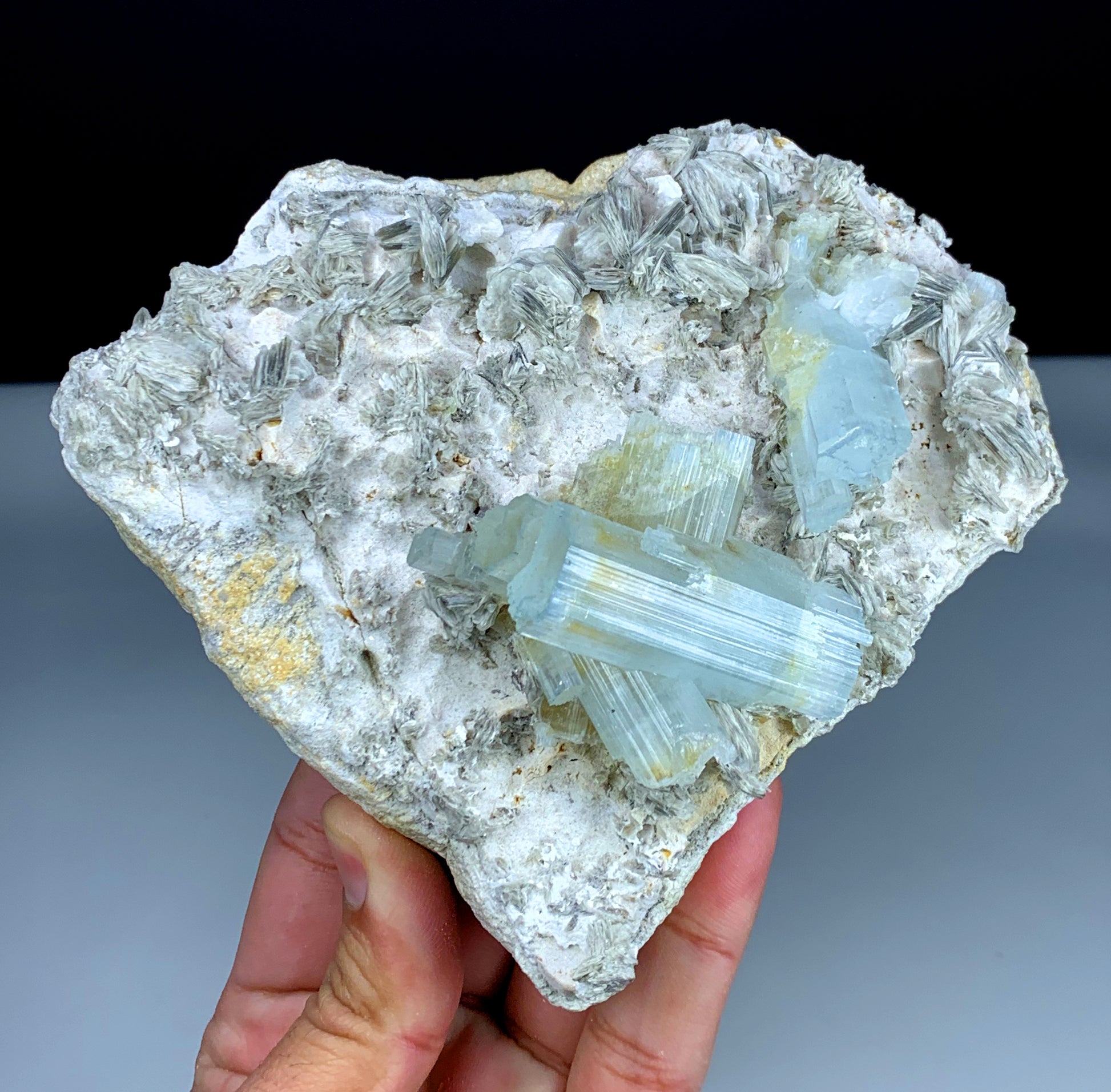 Blue cap aquamarine termination close-up color detail
Natural untreated aquamarine blue cap cluster display