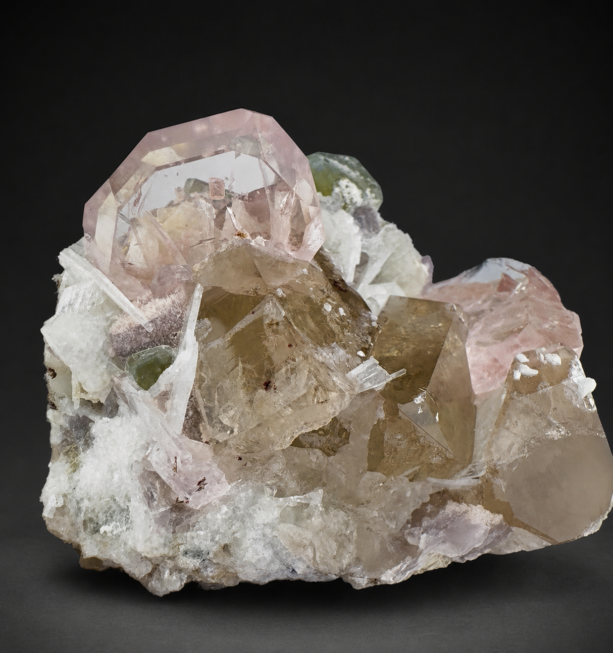 Morganite, Green Apatite, Smoky Quartz ans Clevelandite Albite Combo Specimen from Afghanistan, 266 gram