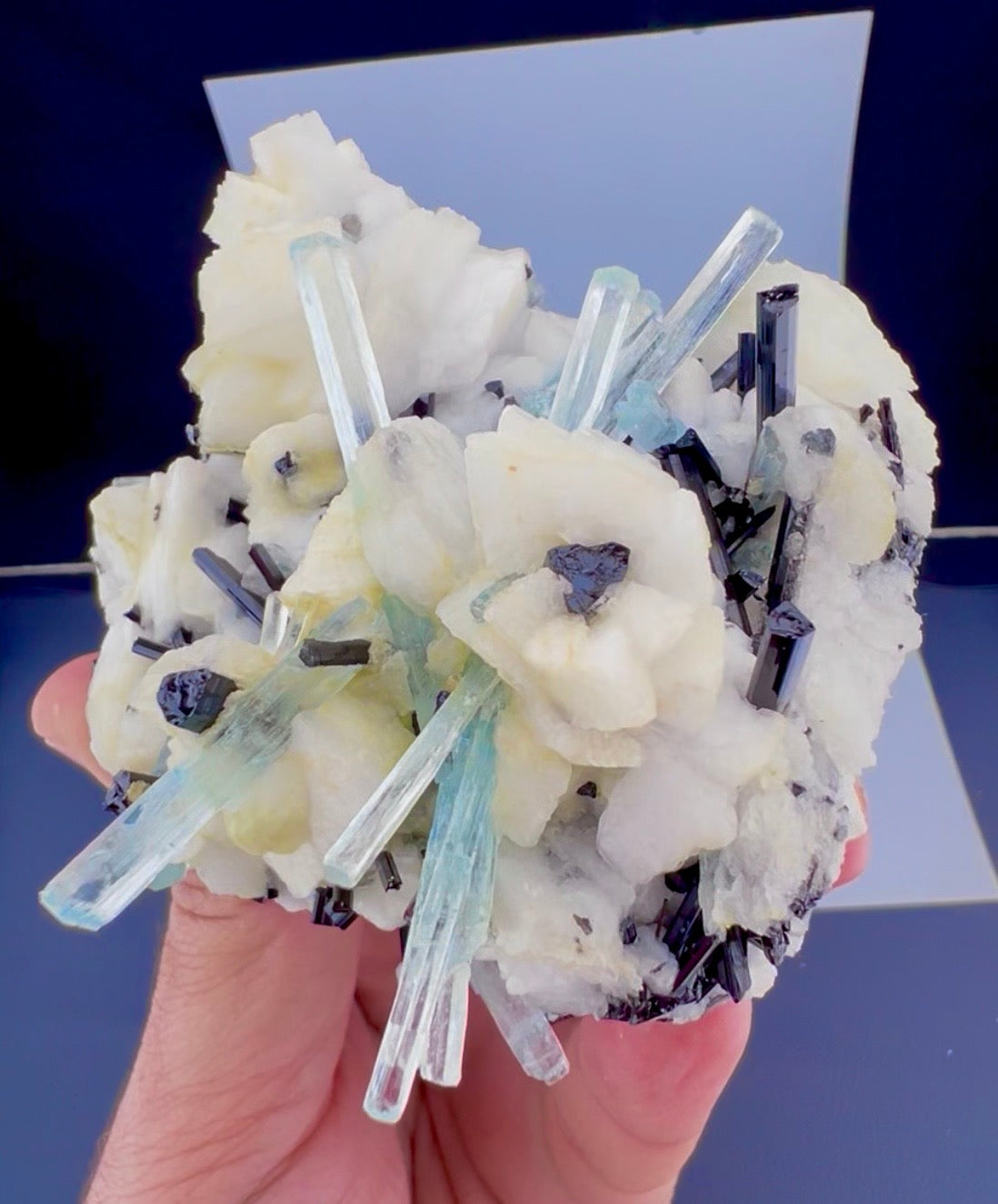 Aquamarine crystals with Schorl on Feldspar from Pakistan, 300 gram