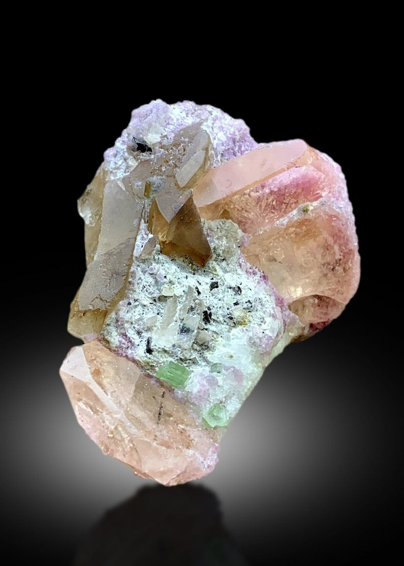 Peach Pink Color Morganite Crystals with Tourmalines, Pink Lepidolite and Smoky Quartz, Morganite Specimen from Dara-i-Pech Afghanistan