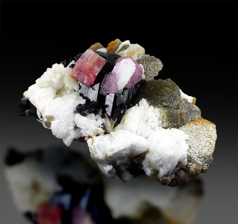 Pink Apatite Crystals with Tantalite , Schorl and Albite Mineral Specimen from Skardu Pakistan, 349 g, 92*82 mm